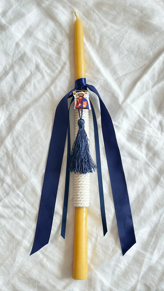 Navy Blue and Beeswax Easter Candle featuring filakto of Jesus from Tinos (panagia)