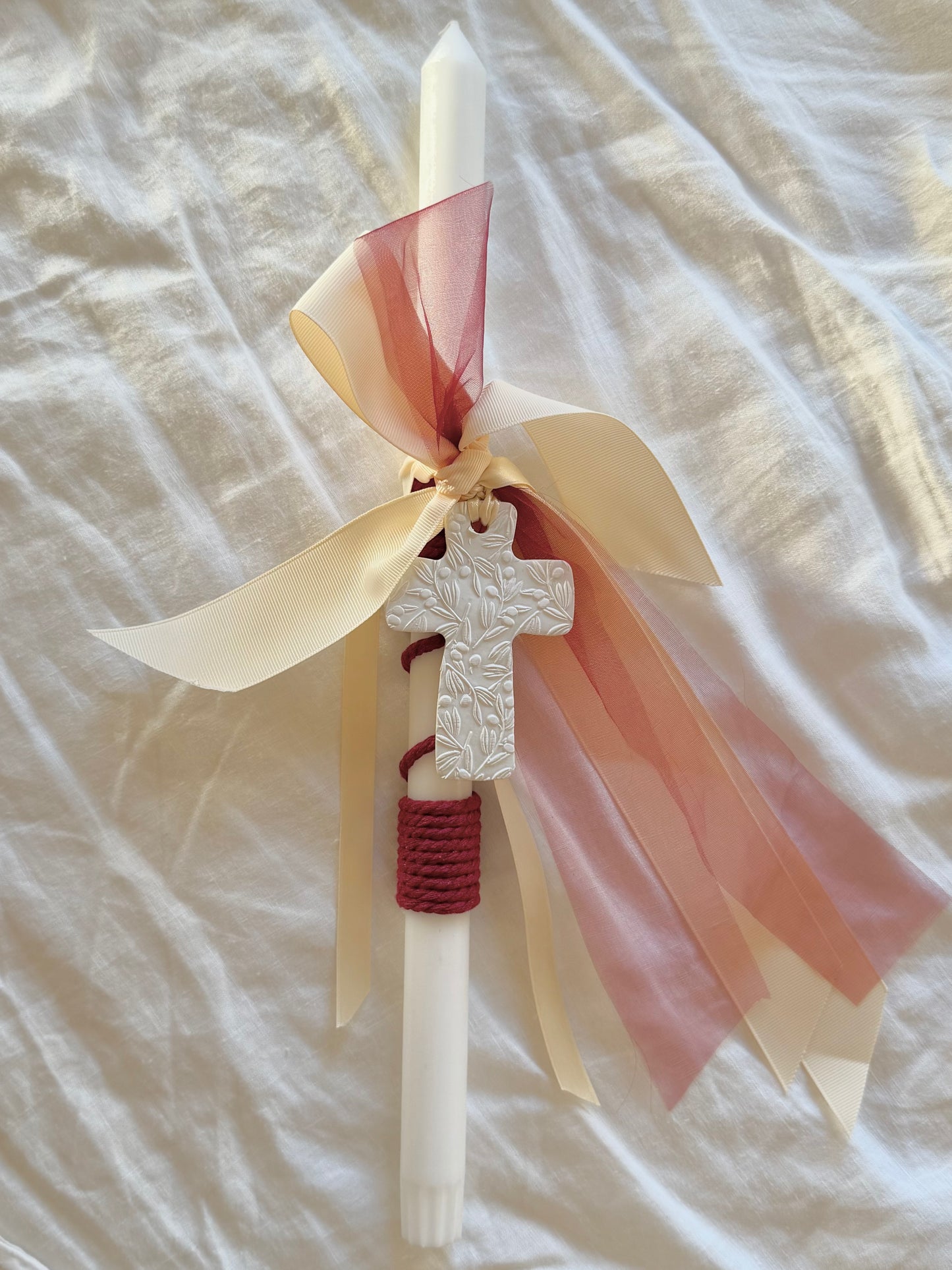 White and Red Easter Candle with olive leaf cross