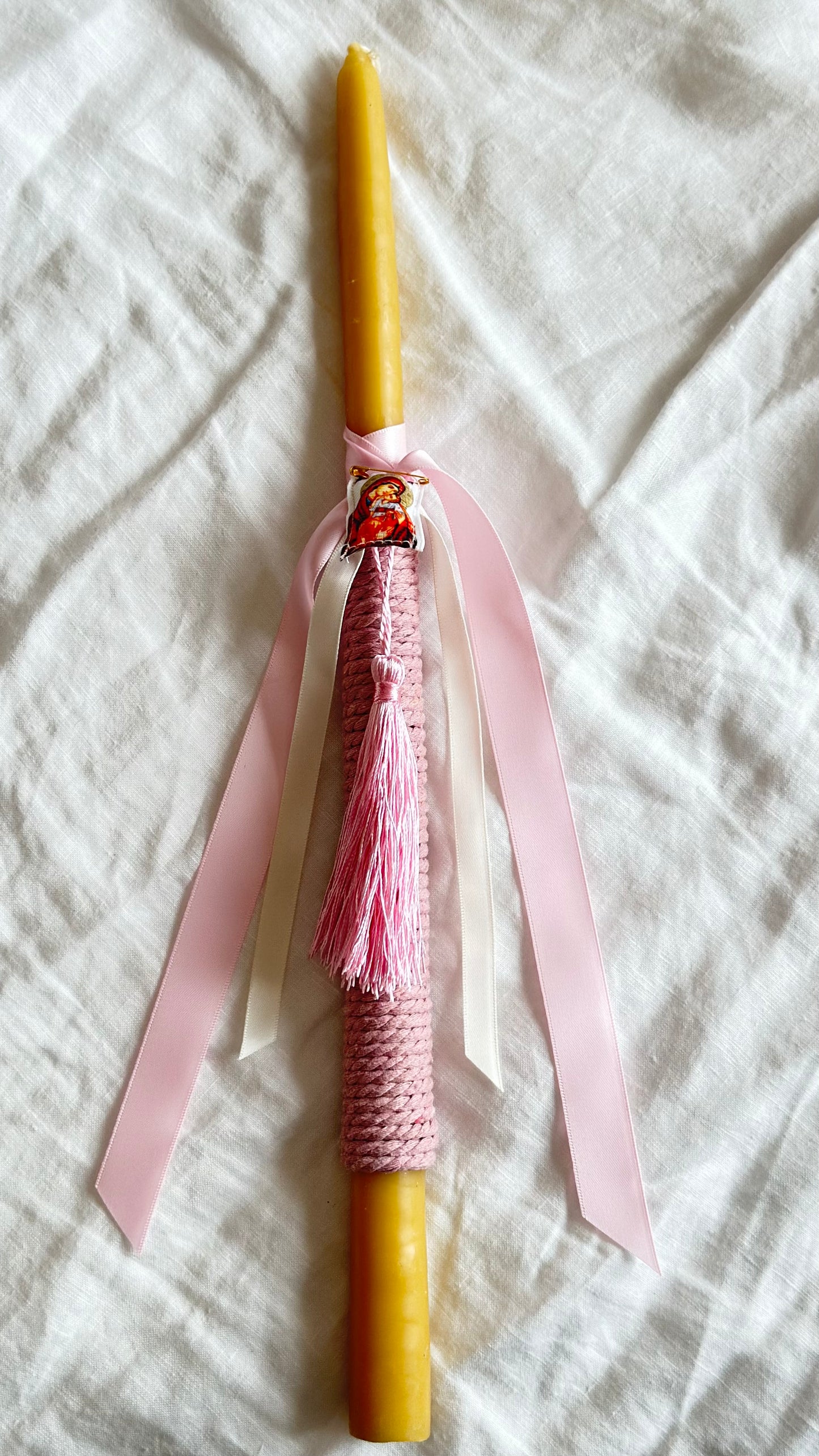 Light Pink and Beeswax Easter Candle featuring filakto of Jesus from Tinos (panagia)