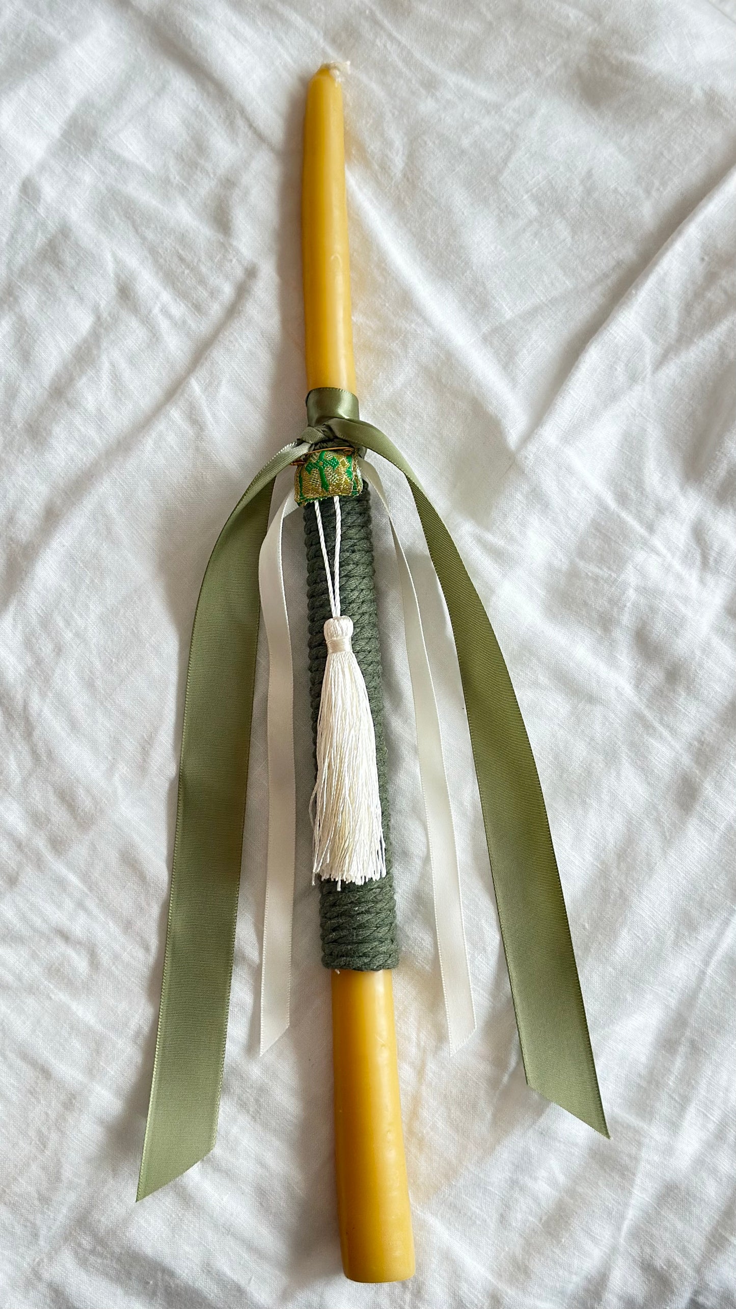 Sage Green and Beeswax Easter Candle featuring filakto of Jesus from Tinos (cross)