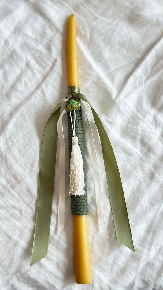 Sage Green and Beeswax Easter Candle featuring filakto of Jesus from Tinos (cross)