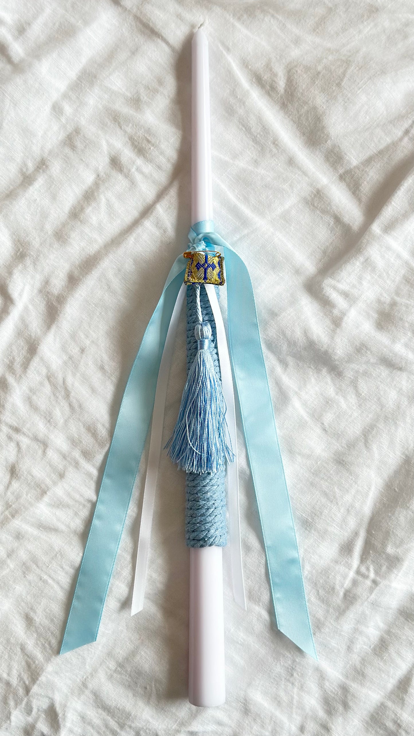 Light Blue and White Easter Candle featuring filakto from Tinos (cross)