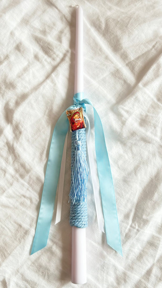 Light Blue and White Easter Candle featuring filakto from Tinos (panagia)