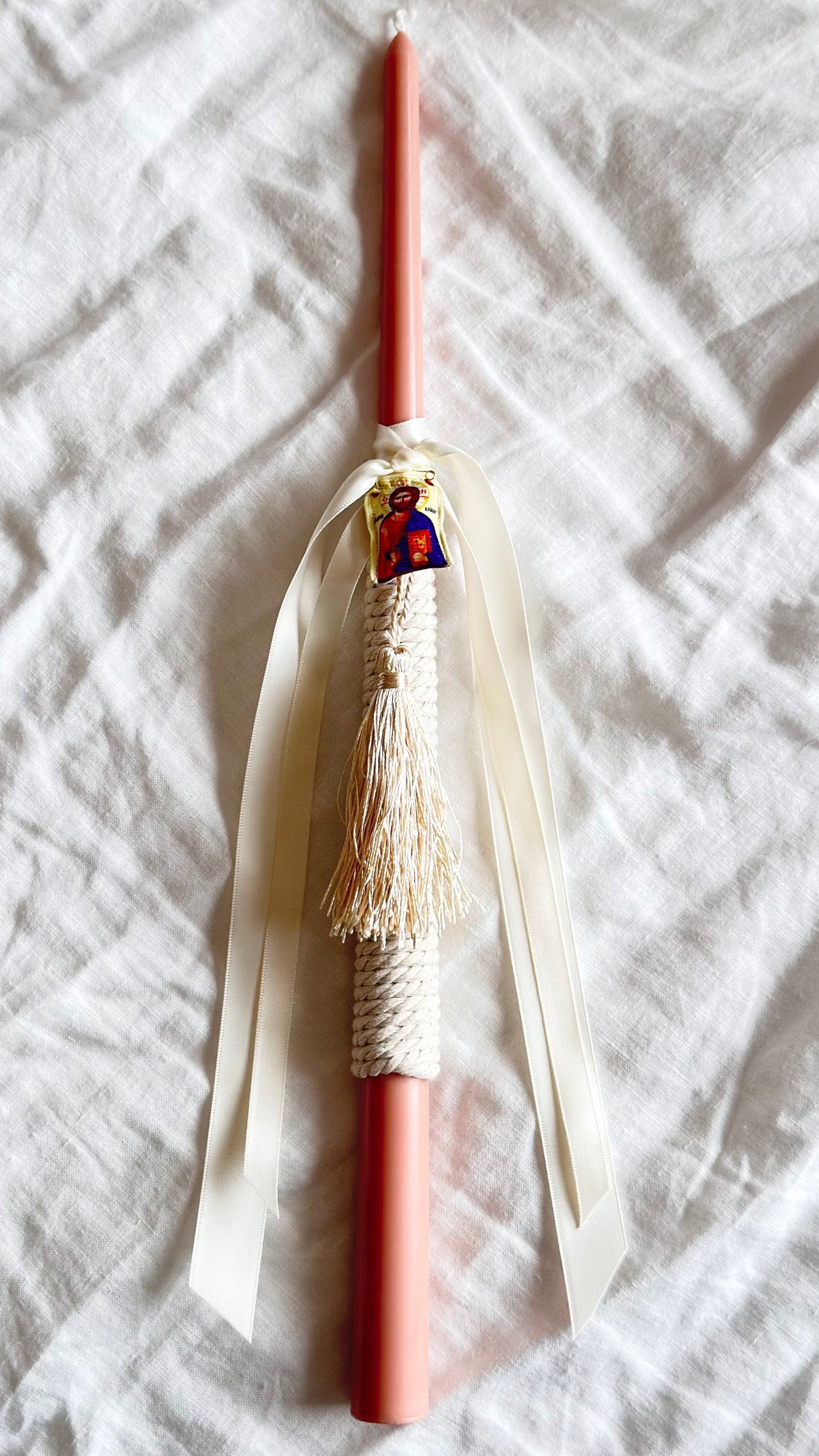 Coral Pink and White Easter Candle featuring filakto from Tinos (panagia)