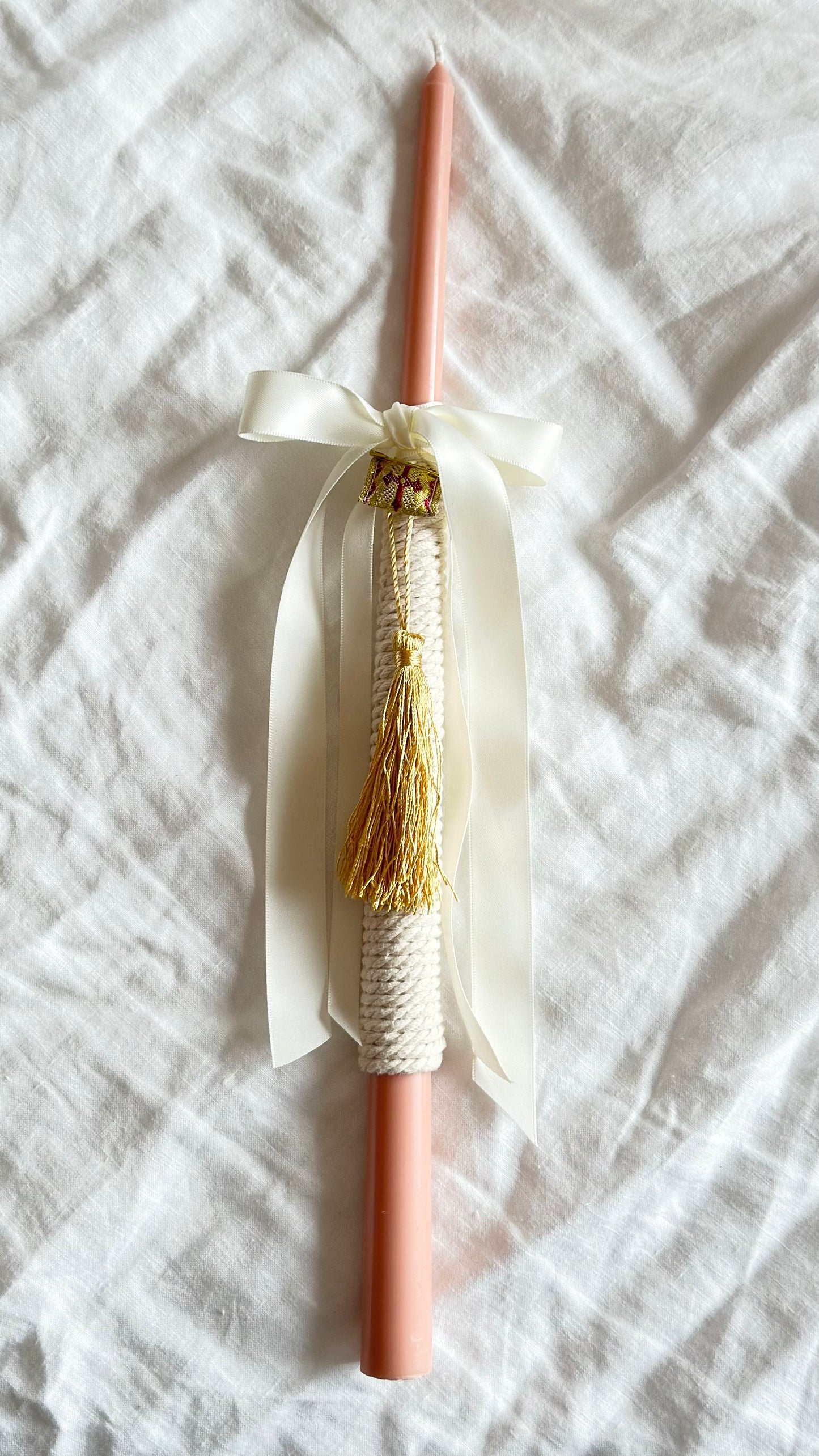 Coral Pink and White Easter Candle featuring filakto from Tinos (cross)