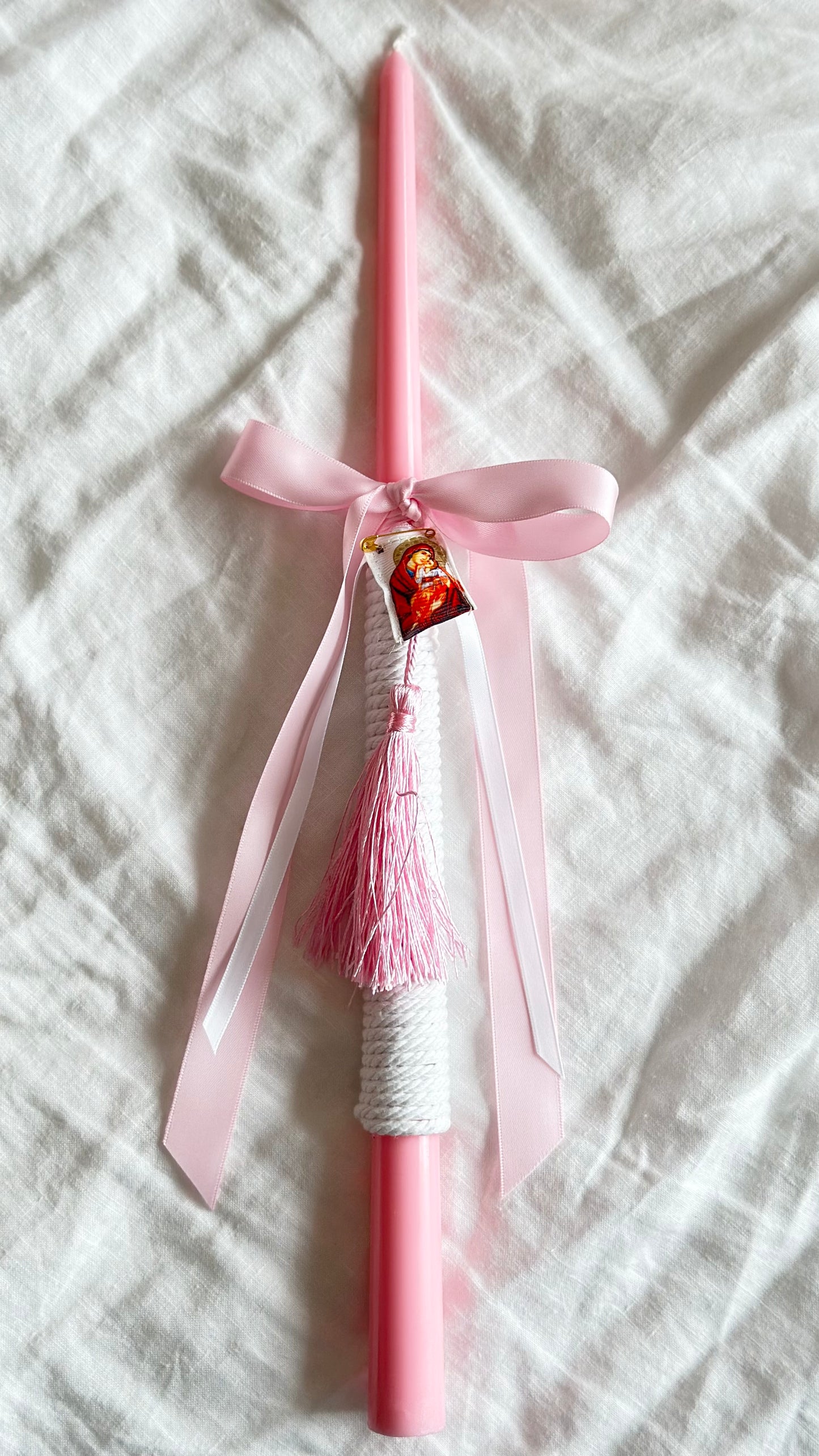 Pink and White Easter Candle featuring filakto from Tinos (panagia)