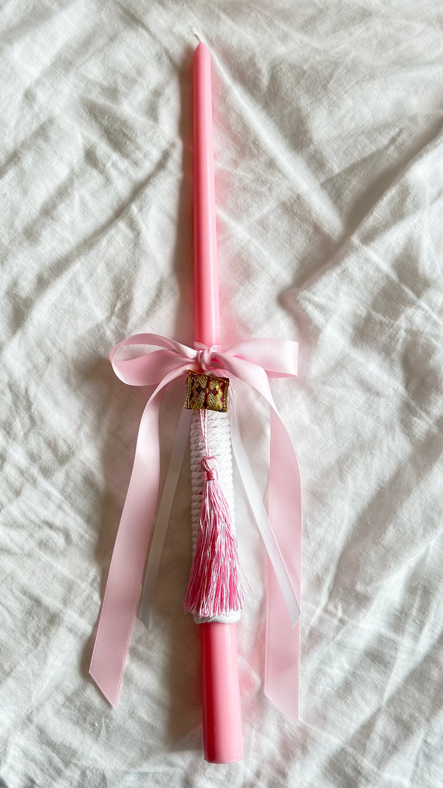 Pink and White Easter Candle featuring filakto from Tinos (cross)
