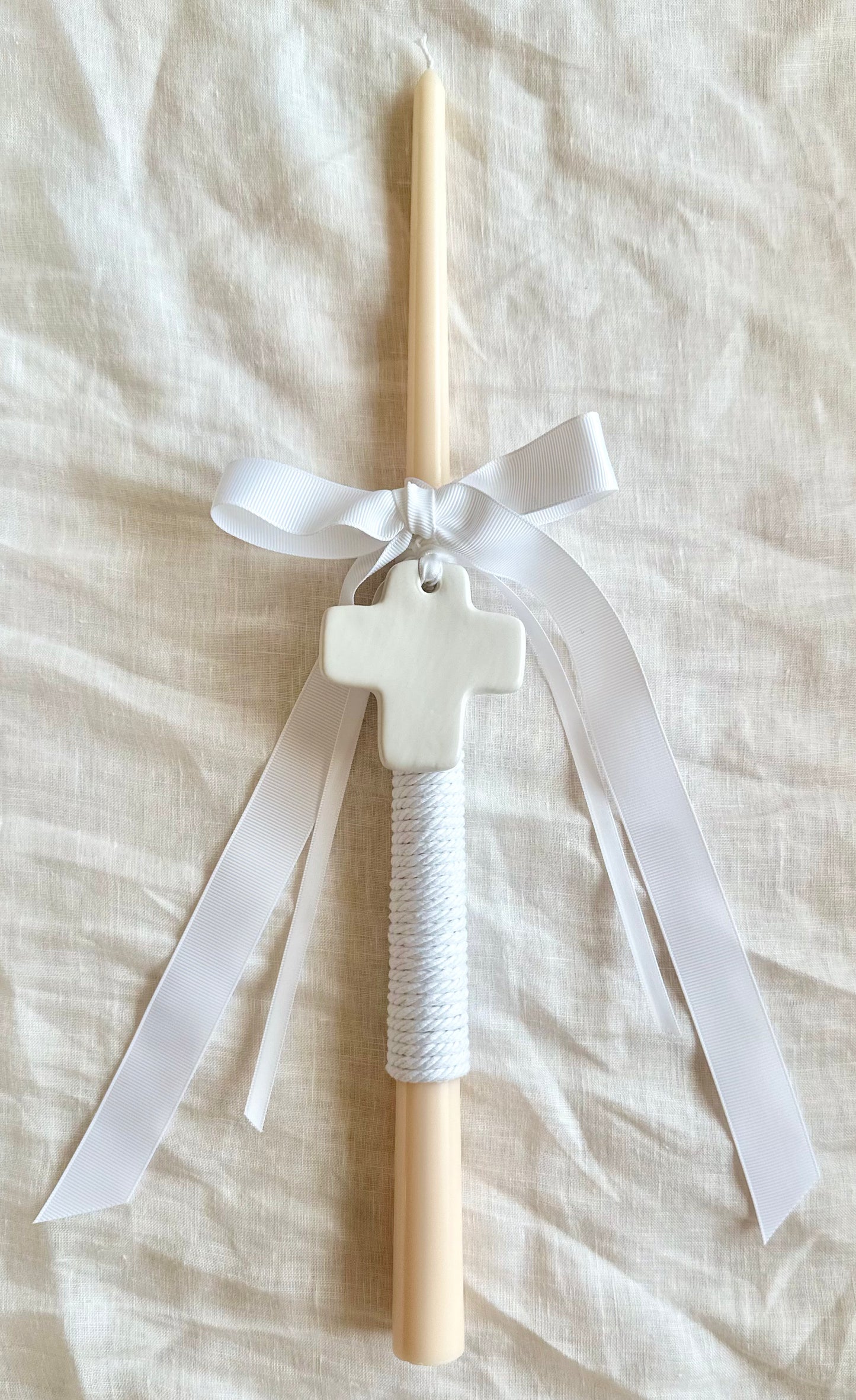 Ivory and White Tapered Easter Candle with White Ceramic Cross