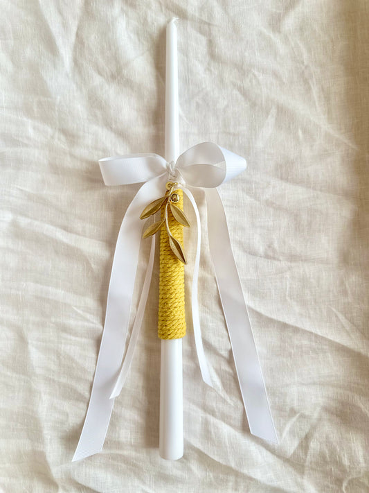 White and Mustard Tapered Easter Candle with Olive Branch