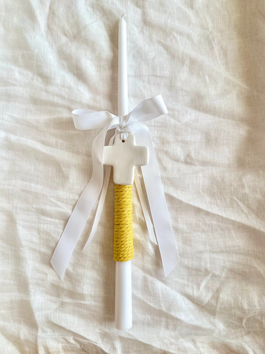 White and Mustard Tapered Easter Candle with White Ceramic Cross