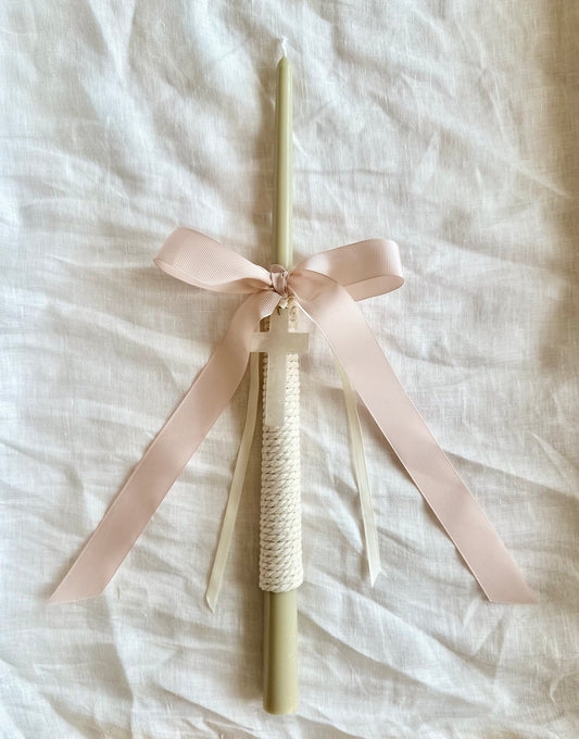 Olive Green Tapered Easter Candle with acrylic White Cross