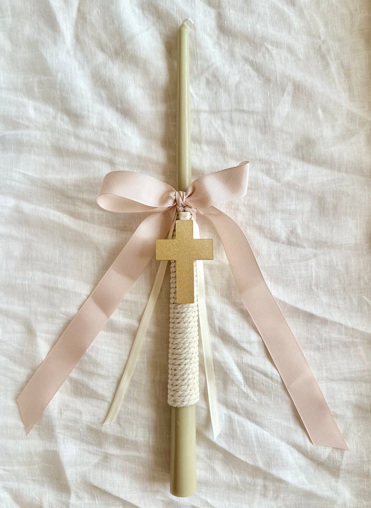 Olive Green Tapered Easter Candle with Gold Cross