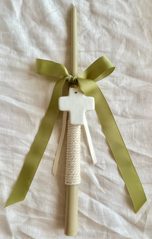 Olive Green and White Tapered Easter Candle with White Ceramic Cross
