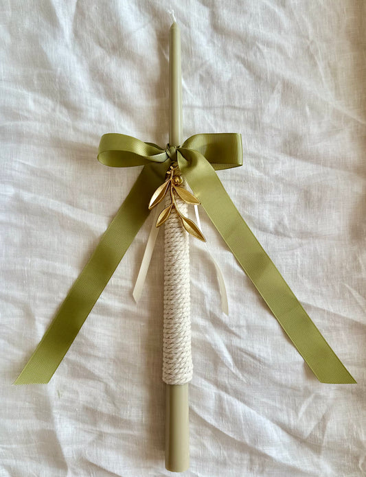 Olive Green and White Tapered Easter Candle with Olive Branch