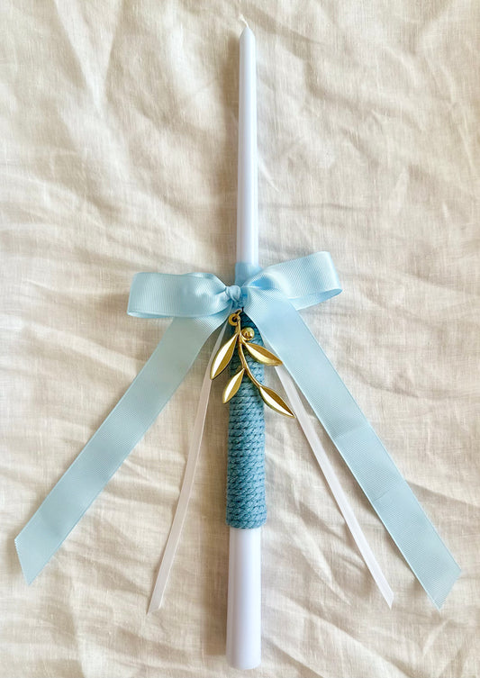 Pale Blue Tapered Easter Candle with Olive Branch