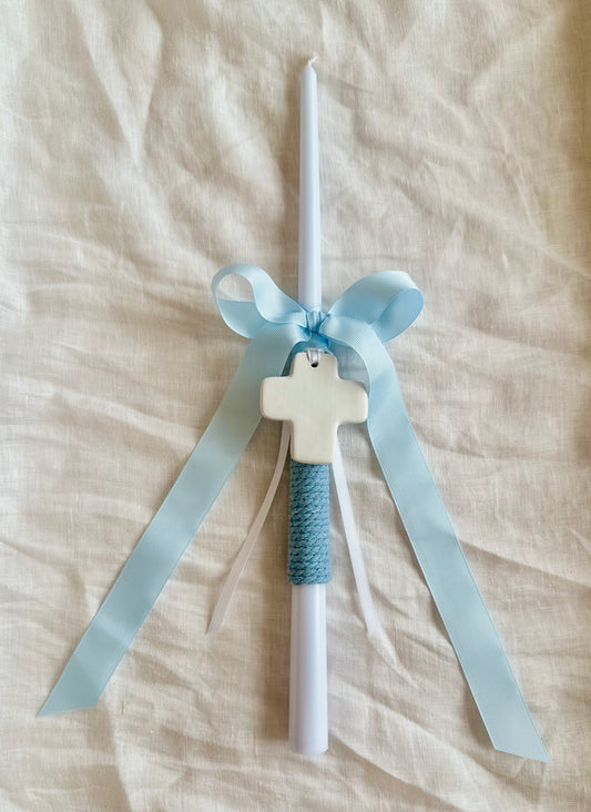 Pale Blue Tapered Easter Candle with White Cross