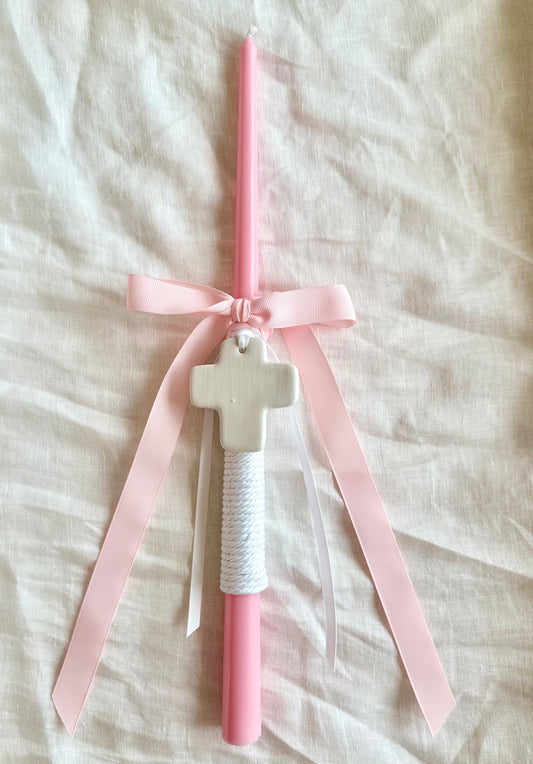 Pink and White Tapered Easter Candle with White Ceramic Cross