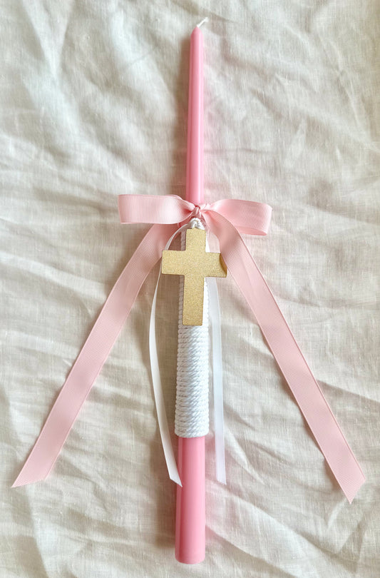 Pink and White Tapered Easter Candle with Gold Cross