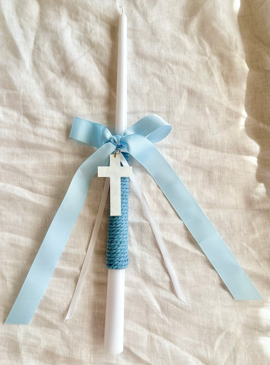 White and Blue Tapered Easter Candle with Acrylic White Cross
