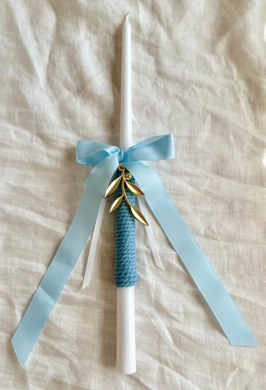 White and Blue Tapered Easter Candle with Olive Branch
