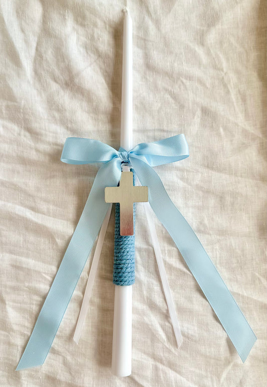 White and Blue Tapered Easter Candle with Silver Cross