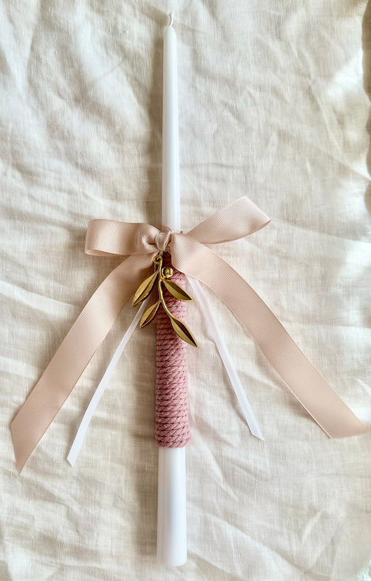 White and Pink Tapered Easter Candle with Olive Branch