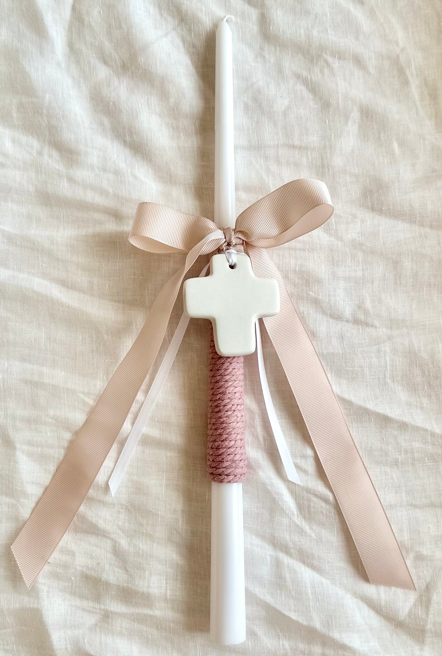White and Pink Tapered Easter Candle with White Cross