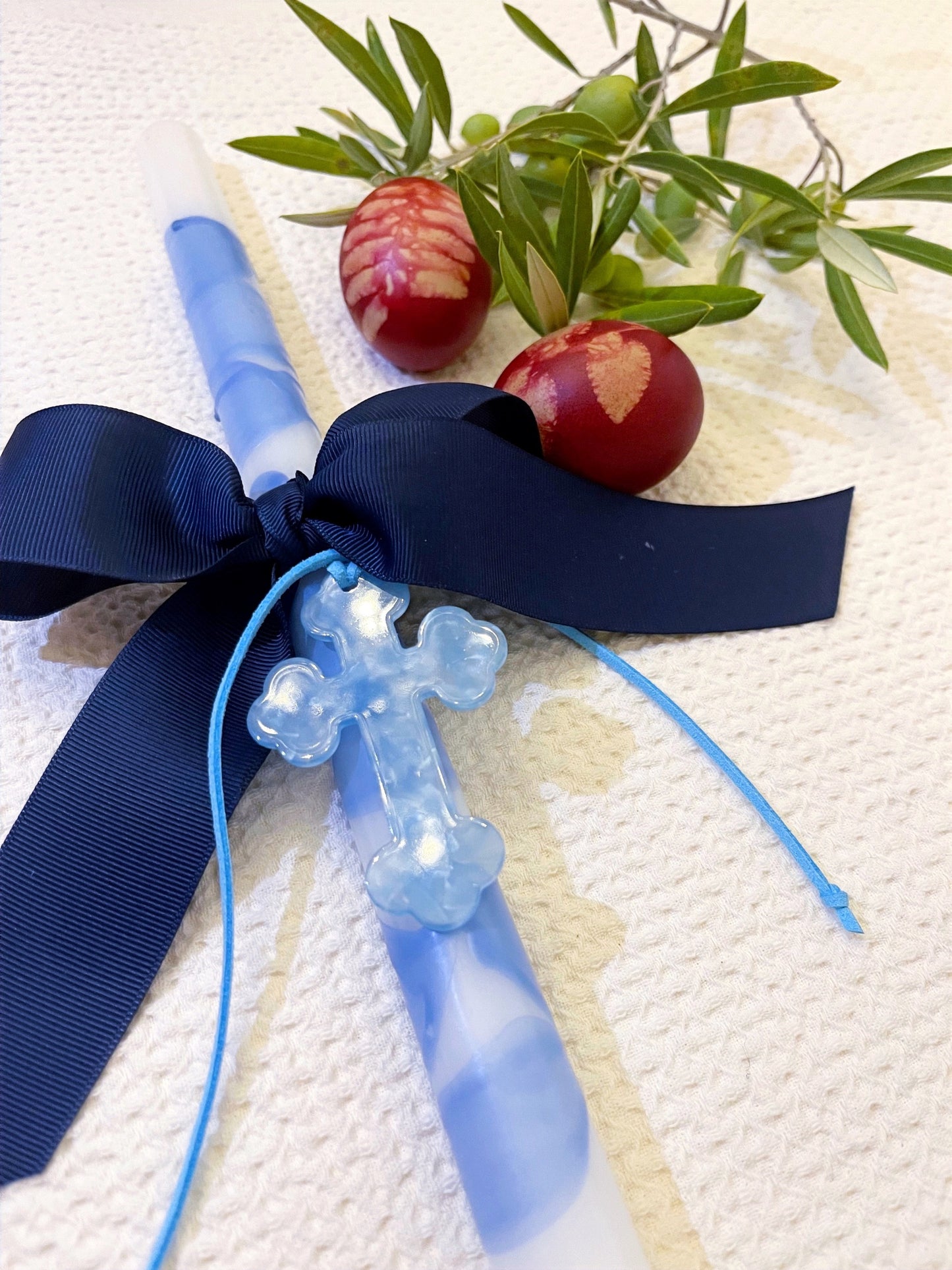 Blue & White Easter Candle with a blue cross