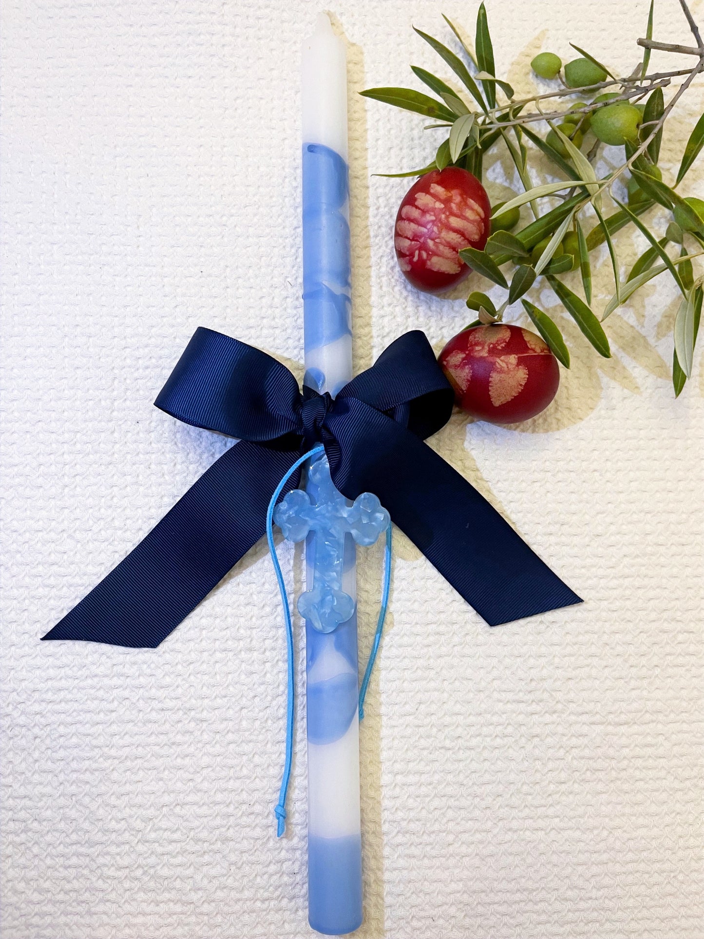 Blue & White Easter Candle with a blue cross