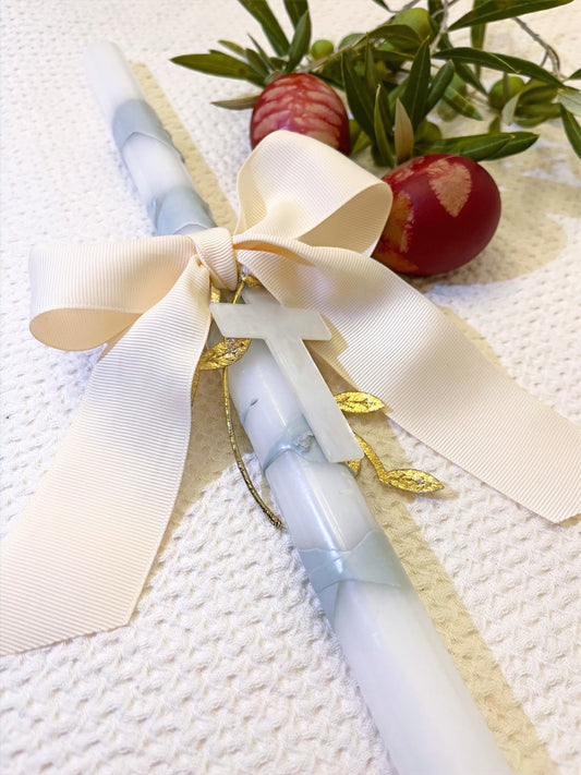 Mint & White Easter Candle with a white cross