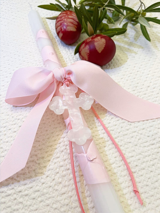 Pink & White Easter Candle with a white cross